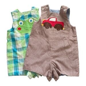 Bailey Boys, Two Boys Reversible Rompers, Size 12 Months, Red Truck, Green Frog.